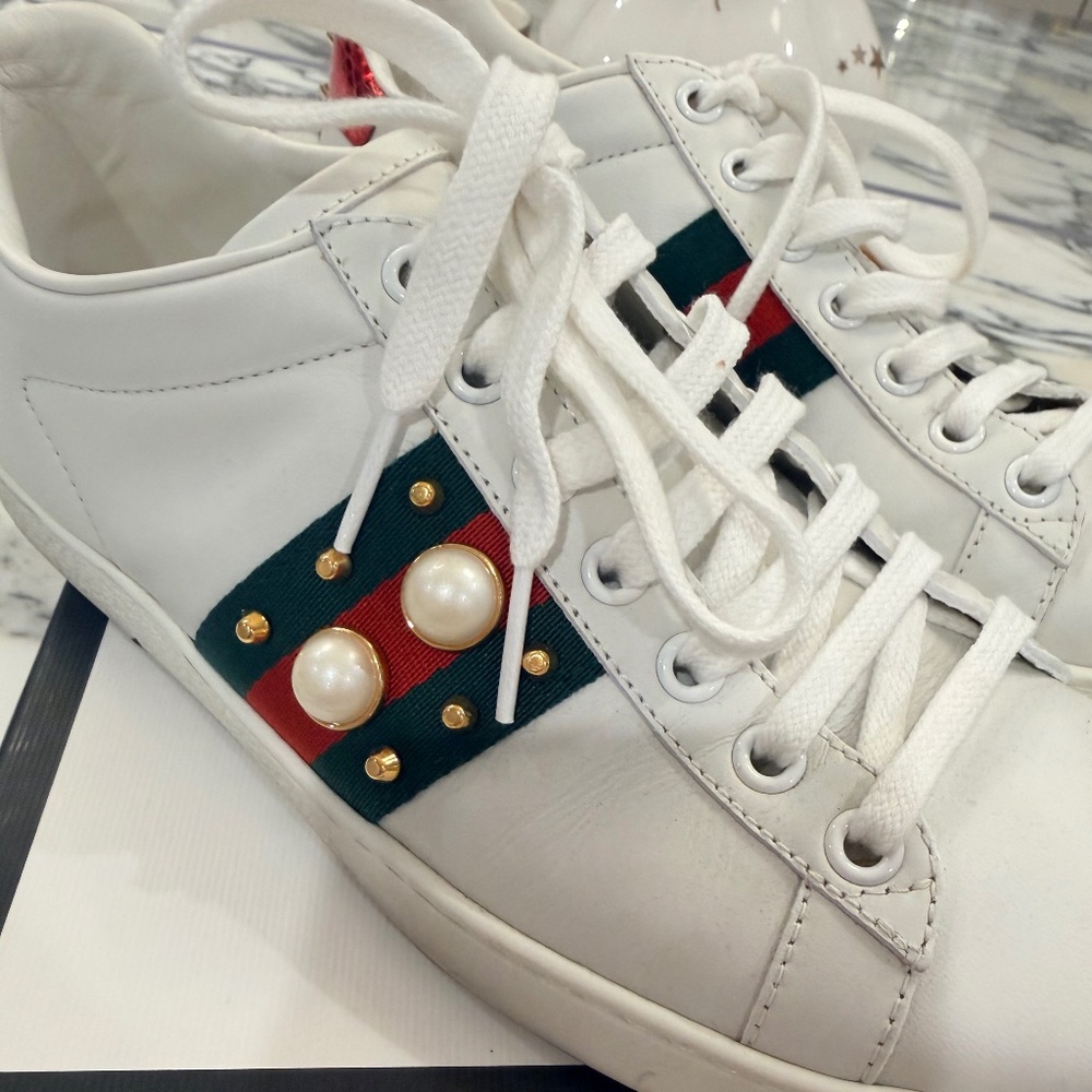 Gucci Ace Pearl Studded Leather Sneakers White Red Green Striped Women's